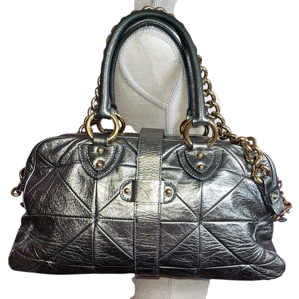 Marc Jacobs Y2K Quilted Venetia Metallic Gunmetal Leather Satchel w/ Chain Strap - Picture 5 of 17